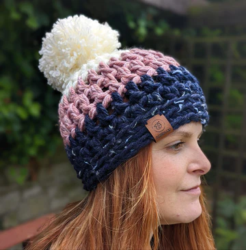 Fizzieducks Iris chunky crochet beanie navy pink cream chunky bobble view 2