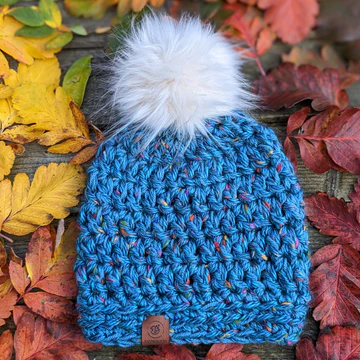 Fizzieducks Cybil blue chunky crochet beanie with huge bobble view 2
