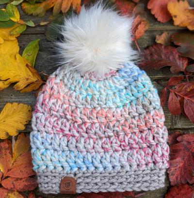 Fizzieducks Edna chunky crochet pinks, blues and grey beanie hand made