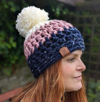Fizzieducks Iris chunky crochet beanie navy pink cream chunky bobble