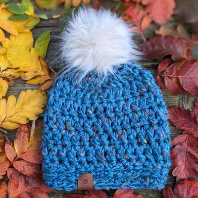 Fizzieducks Cybil blue chunky crochet beanie with huge bobble
